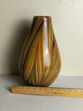 Murano Vintage Handblown Swirl Glass Vase in Yellow and Orange Abstract Design